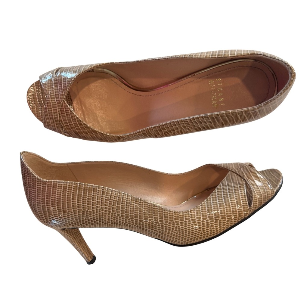 Stuart Weitzman Women 10 M Beige Lizard‎ Embossed Peep Toe Pumps Gold Trim Heels